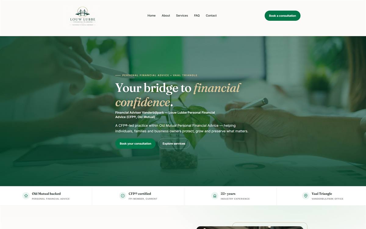 Website design Edenvale & Gauteng — Louw Lubbe financial adviser desktop website by Webbon Design