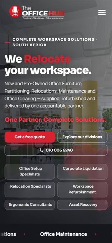 The Office Hub mobile view — mobile-friendly website design Edenvale by Webbon Design